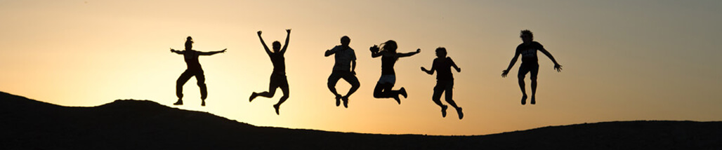 This image captures a group of people jumping against a sunset